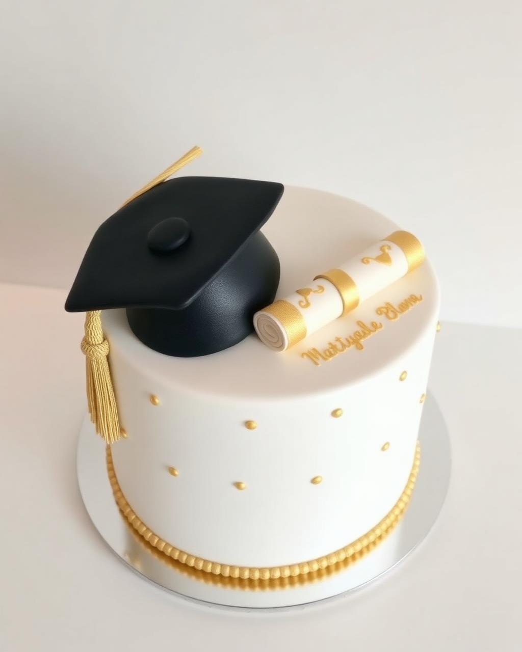 Graduation gold and white cake